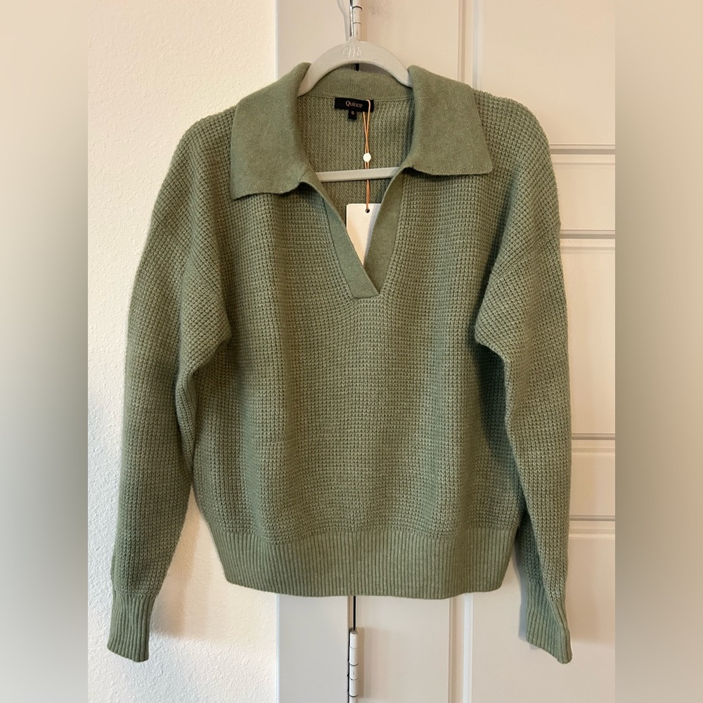 NWT Quince Baby Alpaca Sage Waffle V-Neck Women's Sweater